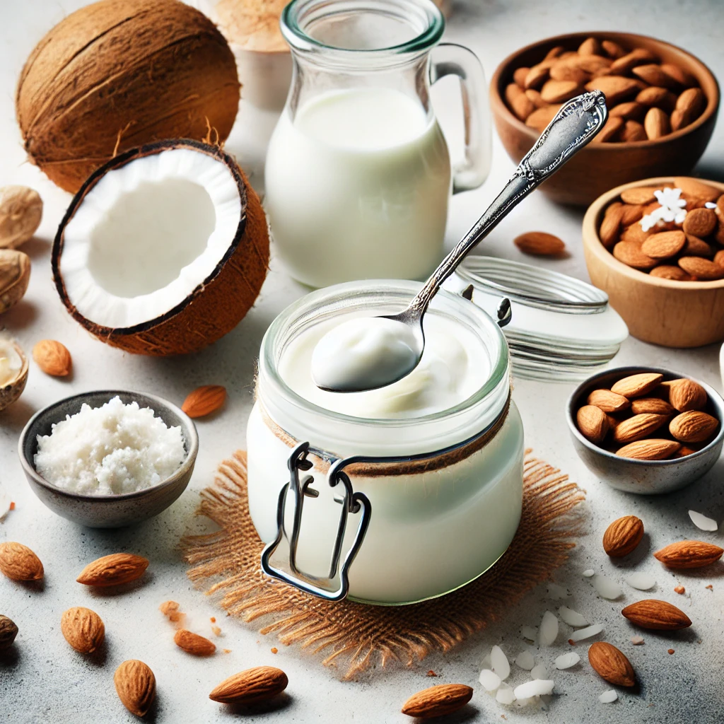 DALL·E 2024 09 12 22.39.47 A jar of homemade keto yogurt with a spoon dipping into it surrounded by ingredients like coconut milk and almonds illustrating the process of maki 10 Amazing Benefits of Keto Yogurt You Need to Know for a Healthier Diet